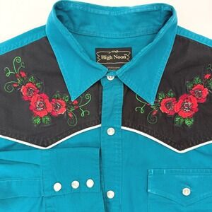 High Noon Western Snap Men Medium Teal Red Rose Embroidered Pearl Snap *READ*